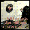 Pixelated image of two figures with text overlay reading 'if the radio dies, will you sing to me' against a light background.