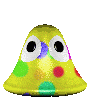 Colorful bell-shaped icons with large white eyes and multicolored dots on various backgrounds, arranged in a
