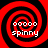 Four identical red and black spiral patterns with white text 'spinny' and five dots arranged in a horizontal line above it, displayed on a solid red background.