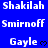 Blue background with white text repeating 'Shakilah', 'Smirnoff', and 'Gayle' in , some 'Gayle' entries accompanied by small black heart symbols