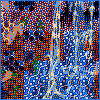 Pixelated abstract composition with dense multicolored patterns and vertical light streaks on a blue background.