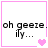 Pixelated text 'oh geeze. ify...' in black on white background with pink border and heart symbols changing across frames.