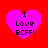 Four identical pink hearts on red background with black text "I Love Bcff!" inside each heart.