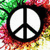 Three identical peace symbols in black outline on white circles, set against a pixelated background of green, red, yellow, and white hues.