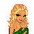 Pixel art contact sheet showing a female character in green outfit with blonde hair and torn black pants, alongside text elements "i", "luv", and "GC" on alternating dark brown and bright green squares.