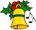 Four yellow bells with blue bands, holly leaves, and red berries on gray background; two bells have musical notes.