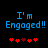 Blue pixelated text reads "I'm Engaged!!" above red heart symbols on a black background, with two variations of the hearts' arrangement.