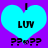Two identical cyan hearts on purple background with black text "LUV" and pixelated question marks below.