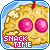 identical pixel-art cookies with pink eyes and 'SNACK TIME' text, each framed by a blue border with a red hanging loop