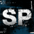 Four identical display large white 'SP' letters on a dark blue and black pixelated background with scattered light speckles