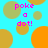 Pixelated cyan background with scattered orange and olive-green circles, pink text reading 'poke a dot!' in four locations.