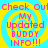 Four identical pixelated display pink text on a yellow and cyan spiral background with 'check out' at the top