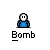 Pixelated blue figure with white face and black outline holding an orange ball, standing above 'Bomb' text on gray background.