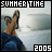 A pixelated image shows a person's legs in blue jeans and flip-flops against a blurred background, with text overlays reading 'SUMMER TIME' at the top and '2005' at the bottom.