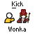 Pixel art animation of two figures: one in yellow with a white head, the other in red with a red top hat and cane, performing sequential actions under text labels.