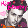 repeated black-and-white portrait images with pink and orange text overlays, hearts, and decorative elements on a light background