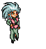 Pixel art character with light blue spiky hair and green outfit performs actions including standing, holding a sword, swinging it, and emitting fire effects.