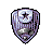 Pixelated shield-shaped icon with purple and white gradient, black border, star symbol, and dark gray accents on a gray background.