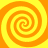 Four orange spiral patterns arranged in a on a yellow background, each spiral rotating clockwise with alternating light and dark orange bands