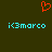 A static pixel art image with a dark green background, featuring an orange heart-shaped icon above two identical lines of cyan text reading 'i<3marco'.