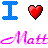Pixelated blue 'I' letters and heart symbols alternate with pink cursive text reading "Matt" on a white background.