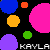 Pixelated graphic with repeating 'KAYLA' text over colorful circles on black background.