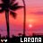 A 48x48 pixel animated contact sheet showing two frames of a sunset beach scene with palm trees, orange and pink sky gradients, and the text "LARONA" at the bottom.