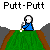 Pixel art animation of a character in blue clothing putting a golf ball into a hole on a green course, with text "Putt-Putt" displayed above and below.