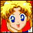 Pixelated anime-style character with blonde hair, blue eyes, and red clothing against a black background with text.