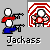 Pixelated character with white head and torso, red scarf, blue pants, black arms holding guns; background alternates between solid gray and red-and-white target pattern.