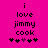 A bright pink background displays black pixelated text reading "i love jimmy cook" with five heart symbols below, where the third heart changes from purple to black between frames.
