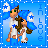 Pixel art contact sheet of two animated frames showing a cartoon couple with blue wings and star symbols on white shirts against a blue gradient background, framed by dotted borders.