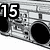 Black-and-white animated image of a boombox with text elements changing across frames.
