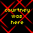 Yellow pixelated text 'courtney was here' repeated four times on a black background with red diamond-shaped lines