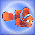 Pixelated orange fish with white stripes and blue eyes swims against a light blue gradient background.