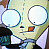 Pixelated cartoon character with large white eyes, small black pupils, and a red mouth, wearing a white shirt and dark jacket against a light background.