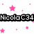 Animated icon with pink stars, pink sneakers, and text 'Nicola C34' in black and blue, transitioning to a grayscale view of sneakers and text in purple.