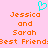 Pixelated pink background with orange text reading "Jessica and Sarah Best Friends" and a cyan heart symbol above the text.