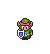Pixel art character in green tunic and pink headband holding sword, shield, or glowing effects with starbursts on gray background.