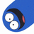 Blue teardrop-shaped character with large white eyes and black pupils, a red cheek mark, and dark curved hair against a split background of white and gray.