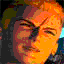Six distinct pixelated headshots of a light-haired male character in various poses and backgrounds, some with visible text elements.