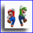 Two pixelated characters in blue overalls and red/green hats stand side-by-side against a white background with gray borders.