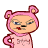 Pixelated pink bear-like character with light skin, blue eyes, and red lips in various poses including raised middle finger and open mouth.