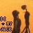 Animated sequence of dark silhouettes walking left to right against an orange background, with text elements changing in each frame.