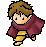 Pixel art character with brown hair and maroon cloak in two walking poses against gray background.