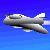 Pixelated aircraft icon with gray body and white accents against blue gradient background.