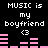 Black background with white pixelated text reading "MUSIC is my boyfriend <3" and pink audio equalizer bars that change height across frames.