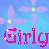 A 49x49 pixel animated contact sheet showing eight frames of a blue background with purple diamond patterns and pink text reading "Girlly" with white sparkles appearing on different letters across frames.