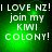 Green background with white pixelated text reading "I LOVE NZ! join my KIWI COLONY!" in four identical