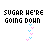 A 48x48 pixel animated contact sheet showing seven sequential frames of a text-based animation with falling pink and blue heart-shaped particles, where the phrase "SUGAR WE'RE GOING DOWN" progressively shortens from full to partial across frames.